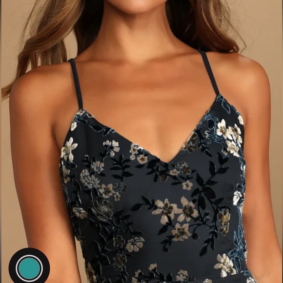 Lulus Dark teal floral velvet asymmetrical dress - Picture 4 of 7